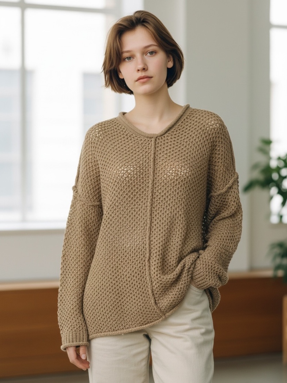 90s SILK & COTTON BOHO OPEN WEAVE CROCHET OVERSIZED LONG SWEATER RAW EDGE SEAMS